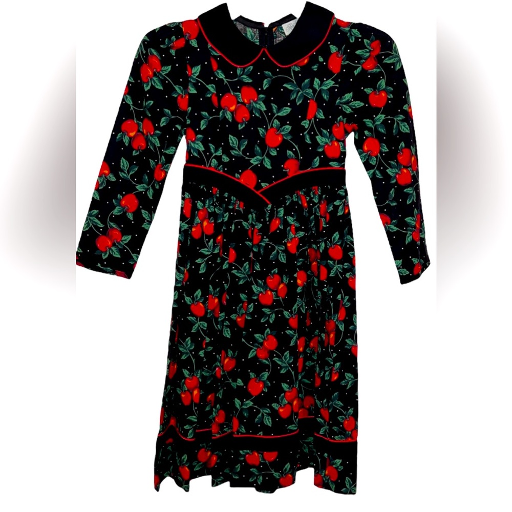 Vintage Rare Editions Long Sleeve Dress Girls Size 7 Red Apples Union USA Made